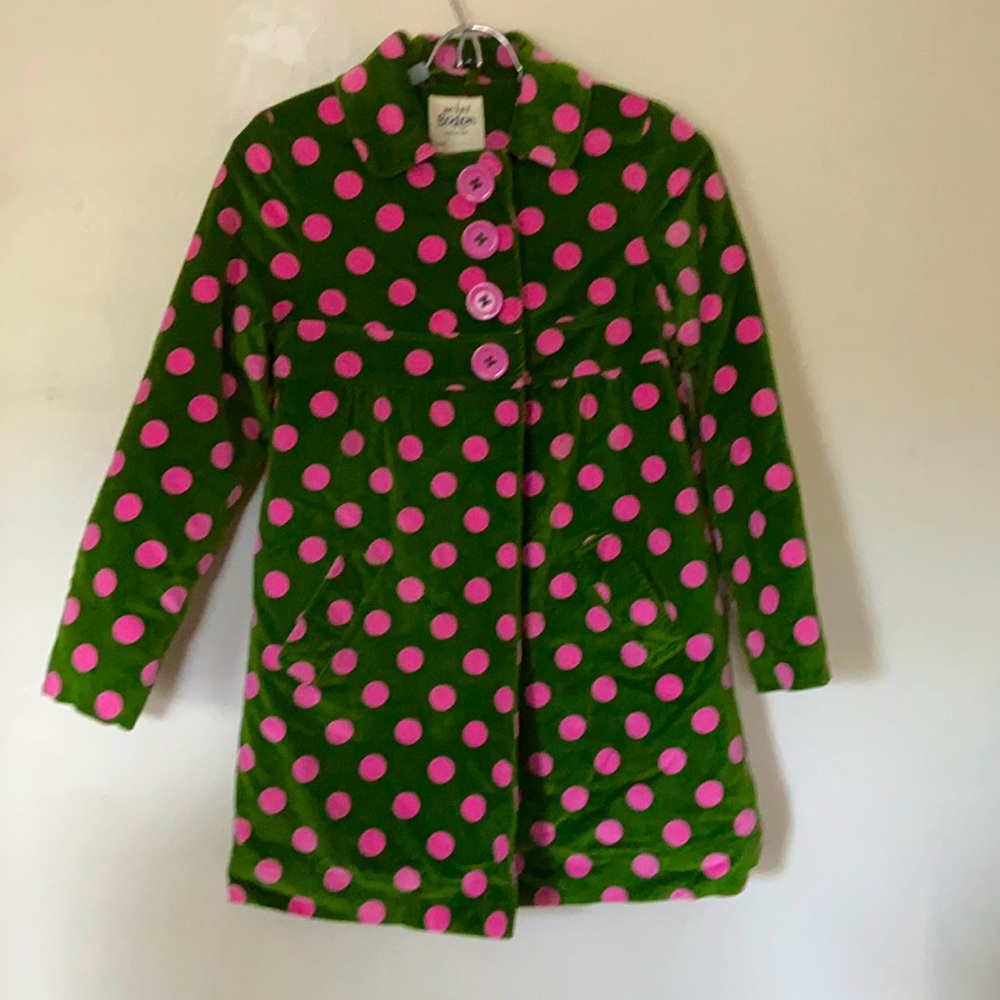 Mini Boden Polka Dot Green Pink Pea Coat Jacket Velvet  Size 11-12